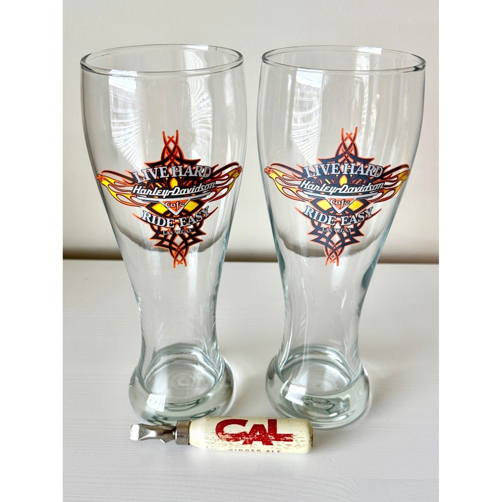 Harley Davidson Cafe Las Vegas Pilsner Glasses + Vintage CAL Bottle Opener Lot
